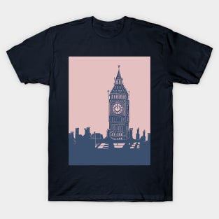 Big Ben London Skyline Linocut Blue and Pink T-Shirt